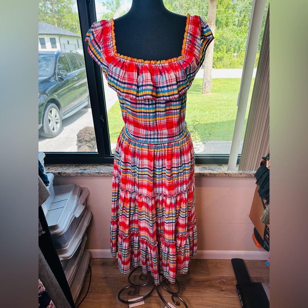 Howard Wolf  Vintage Multicolor Ruffle Collard Plaid Tiered Maxi Dress